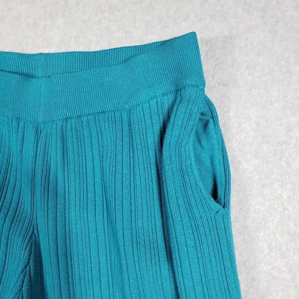 BTFBM Womens 2 Piece Lounge Set Large Teal Blue Ribbed Knit Polo & Wide Leg Pant